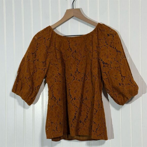 Dolan Burnt Orange Puff Sleeve Lace Top Small Corded Floral Boho Romantic Fall - Picture 2 of 8